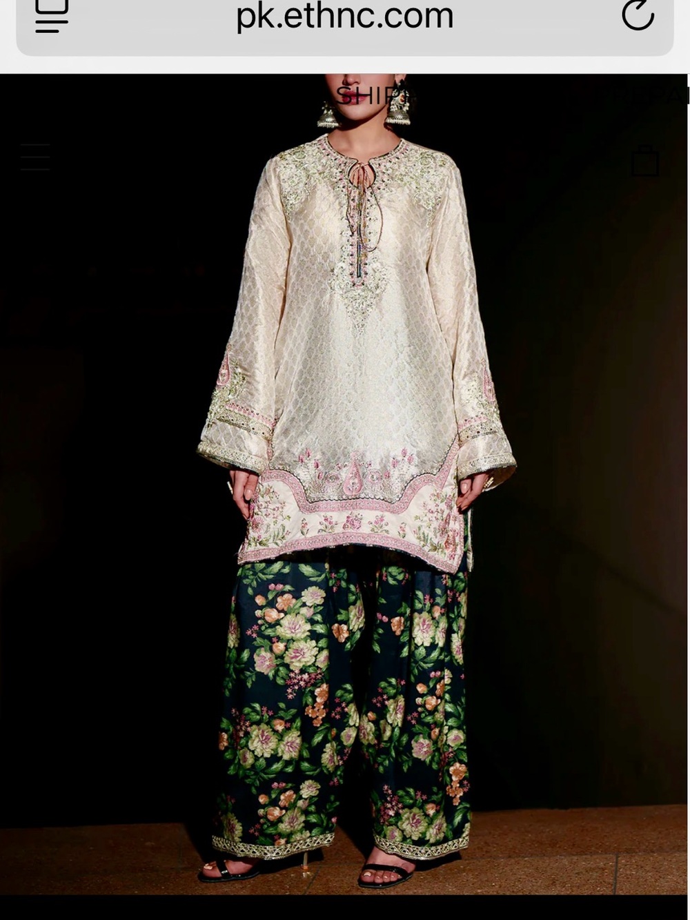 Ethnic Pakistani designer 2 piece Embroidered gold beige with silk bottom